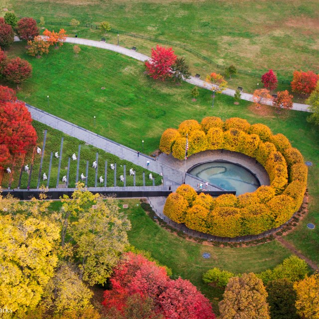 Aerial view of the Korean War Memorial with fall foliage 