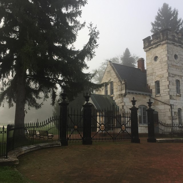 Fog surrounds a cemetery landscape, with an ornate metal fence and gate, stone gatehouse, and pines.