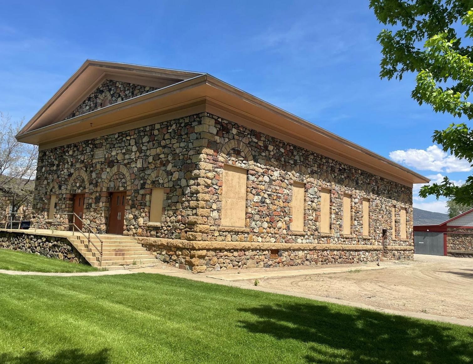 Oblique color view of the Stewart Indian Boarding School Auditorium.