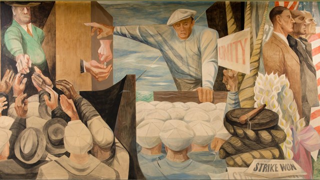 Colorful mural depicting dock workers' strike