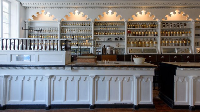 Interior of apothecary shop with ornate moldings and decorative shelving