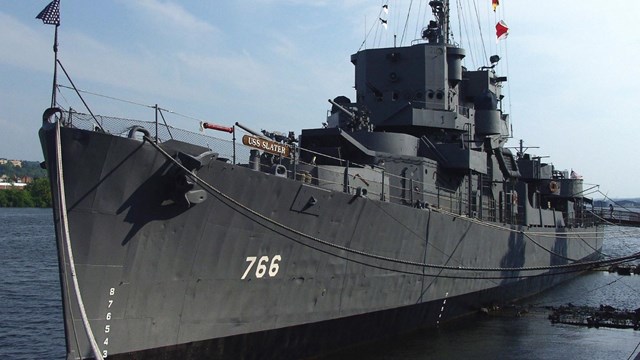 Wide perspective shot of the bow of USS Slater