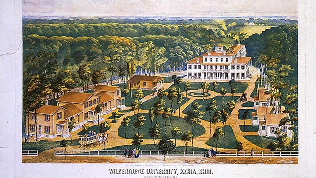 Poster of Wilberforce University, Xenia, Ohio, showing quad and main bulidings