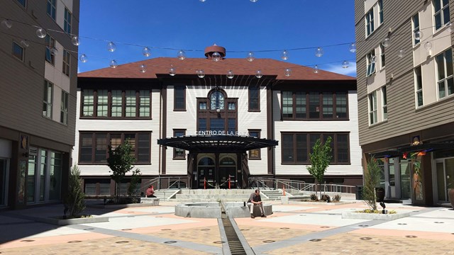 Central Plaza leading to large two story school