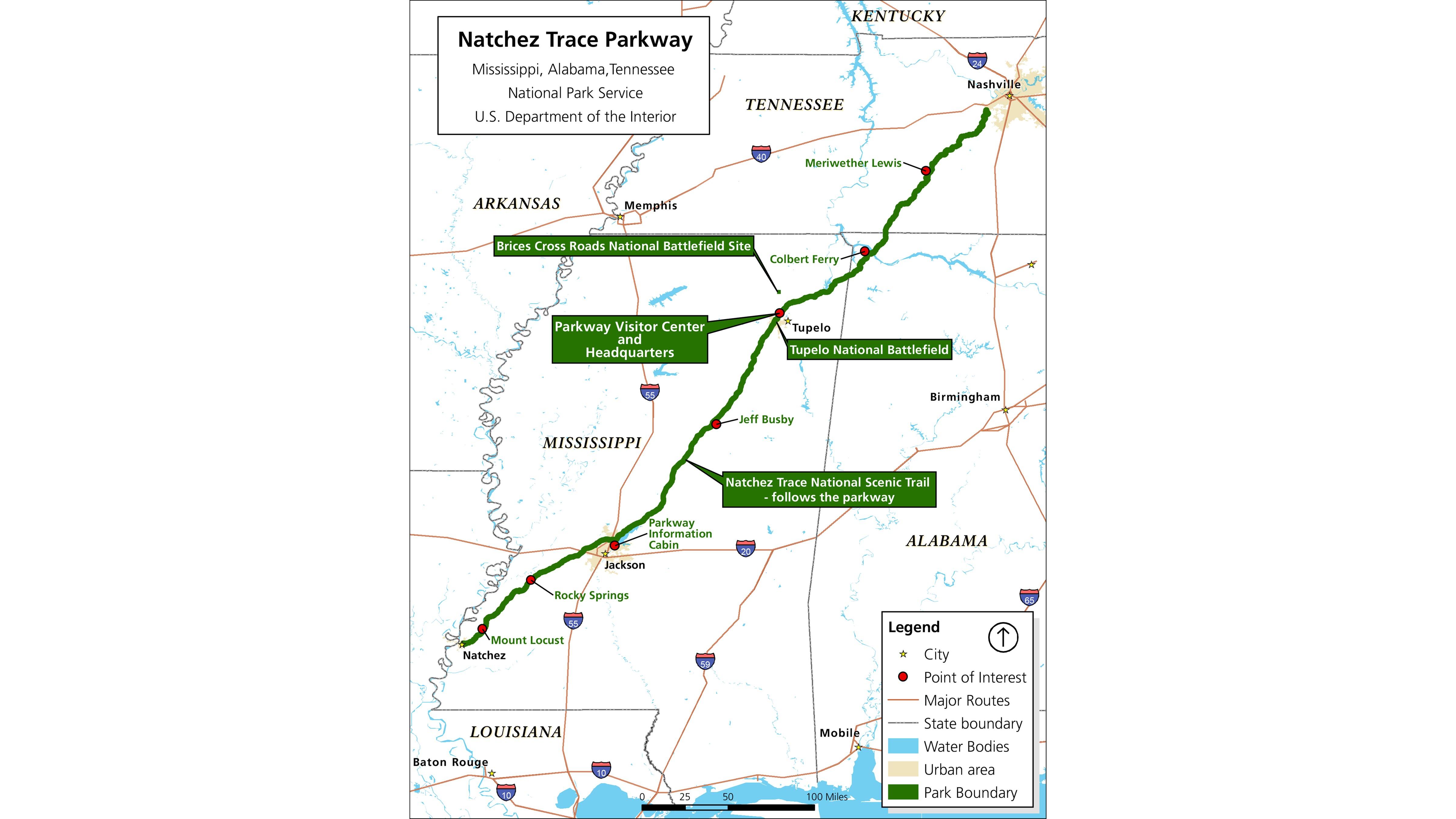 A simple map of the Natchez Trace Parkway