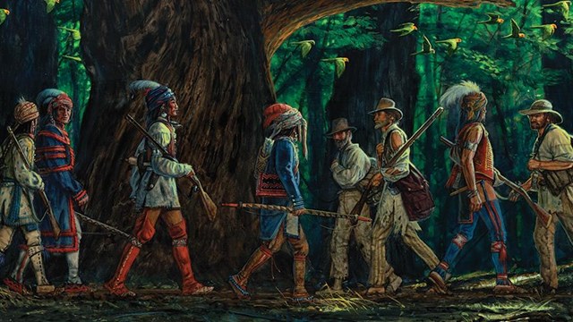 Painting of boatmen and American Indians walking past each other on the Natchez Trace.