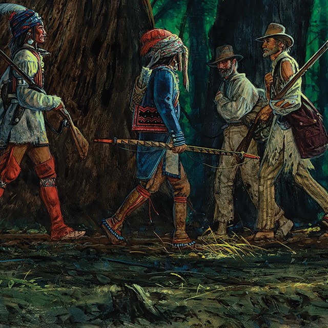 A painting of 3 Chickasaw and 2 white pioneers passing each other on a trail. 