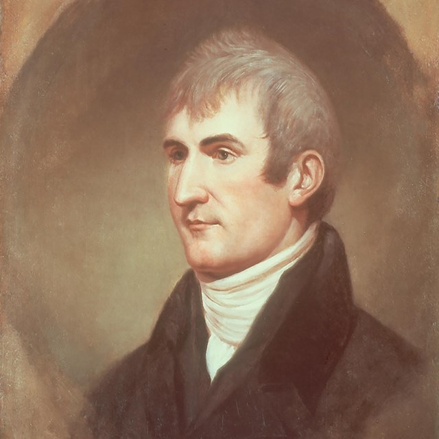 A painted portrait of a Caucasian man wearing a cravat and black high collar dress coat. 