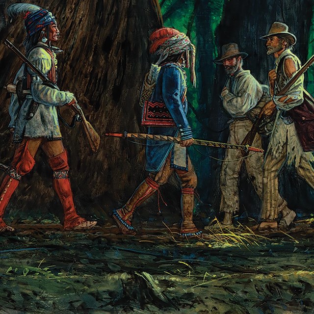 A painting of  line of white pioneers passing American Indians in the forest. 