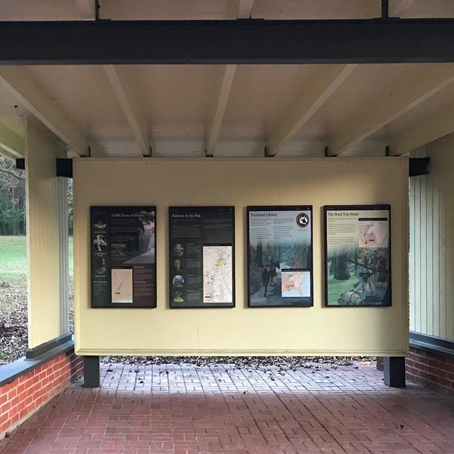 A covered shelter with four information panels visible at the far end.