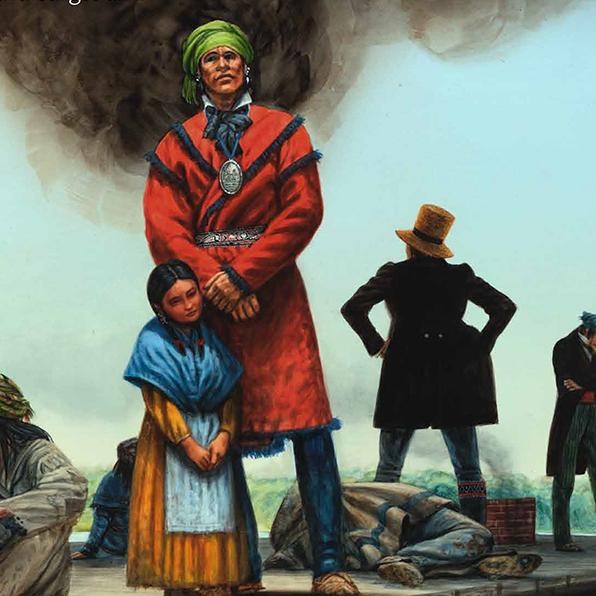 Painting showing a steamboat towing an unpainted barge with people in native american clothing