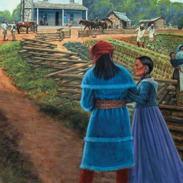A painting of a man and a woman walking together in 1700s attire, in front of an agricultural field.