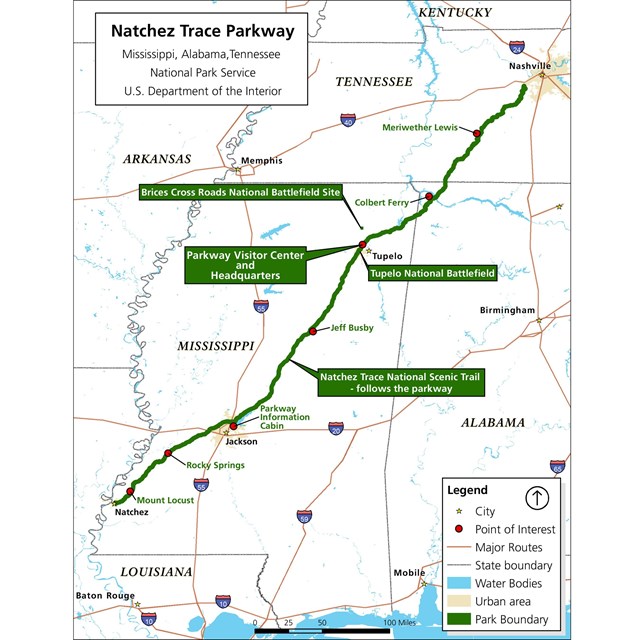A simple map of the Natchez Trace Parkway