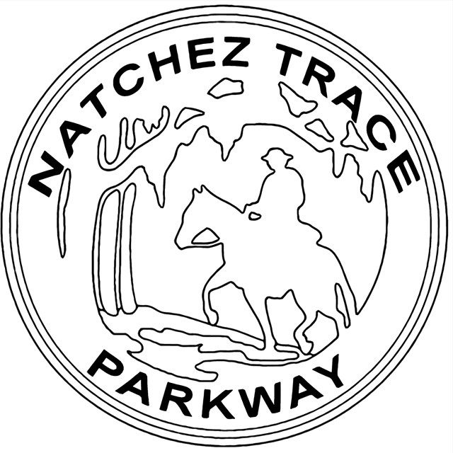 A circle with the words Natchez Trace Parkway and a rider on a horse.