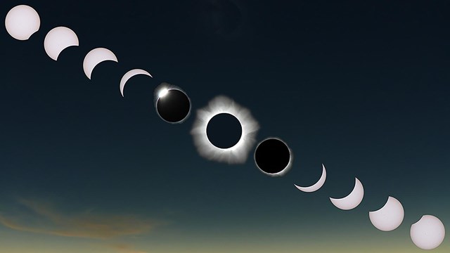 A sequence of a total solar eclipse runs across the screen