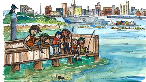 Cartoon of children fishing from a pier with a ranger standing by. City in the background.