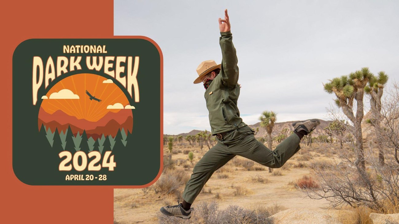 a national park ranger jumps in the air with national park week 2024 logo
