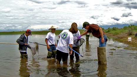 a scientist and students examine the contents of a bucket