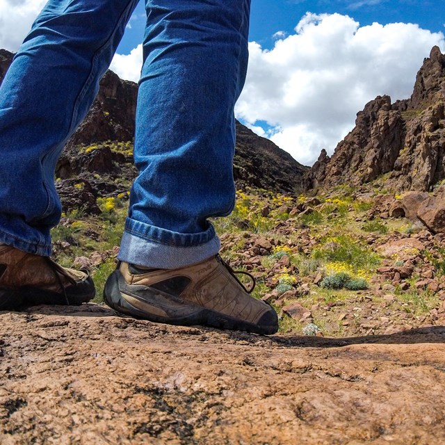 a close up image of a person's hiking boots on a desert landscape