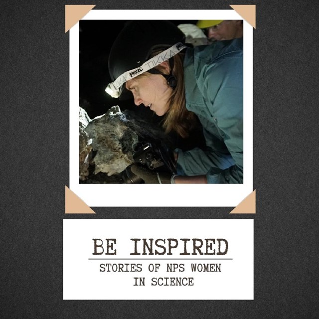 a photo of a woman with a headlamp in a cave examining rocks with text 