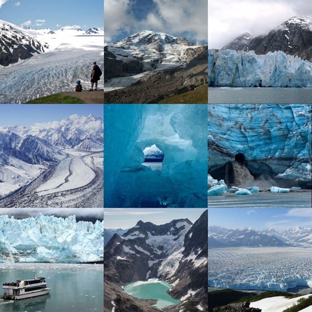 a collage of blue tinted glaciers