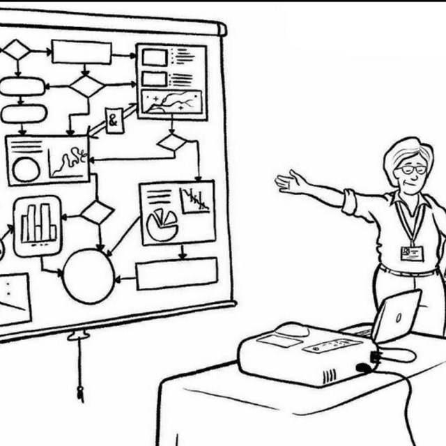 An illustration of a person pointing to a complicated chart