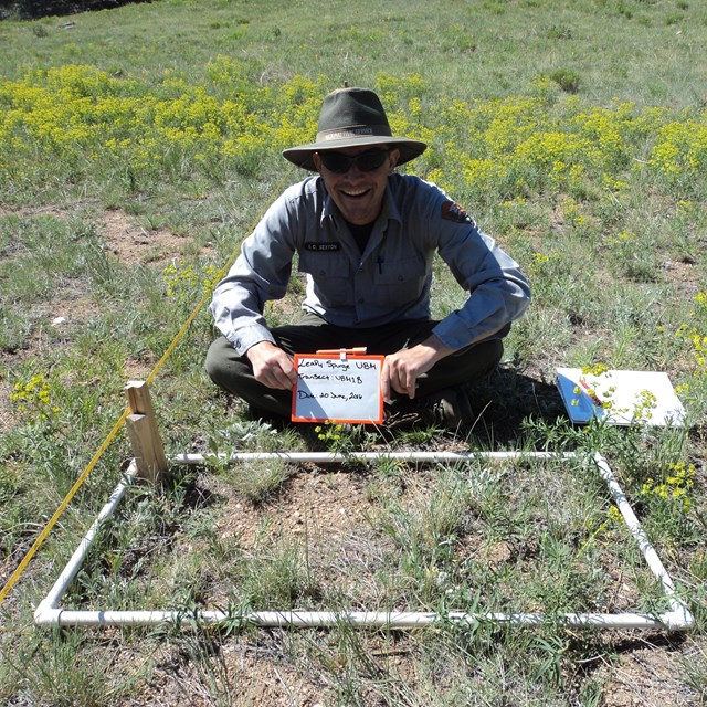 A scientists sits outside next to a plastic frame