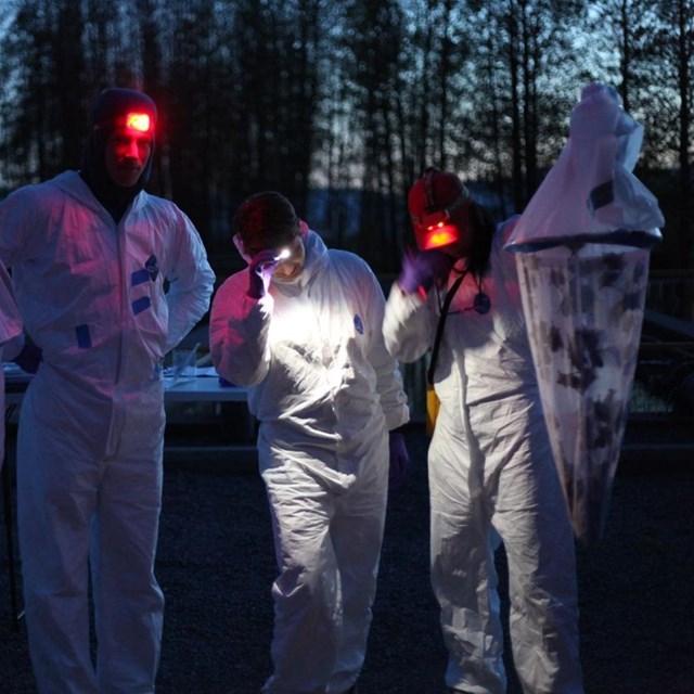 a group of people wearing protective gear hold up a bat trap full of bats