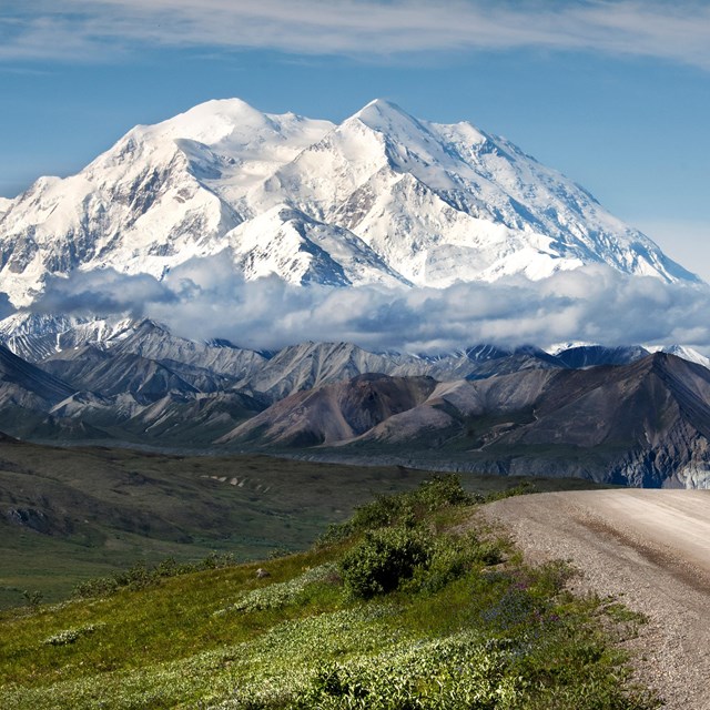 A snow-covered Denali in the summertime