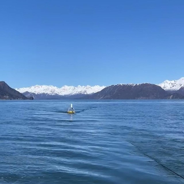 a small yellow boat being towed on a lake with mountains in the background