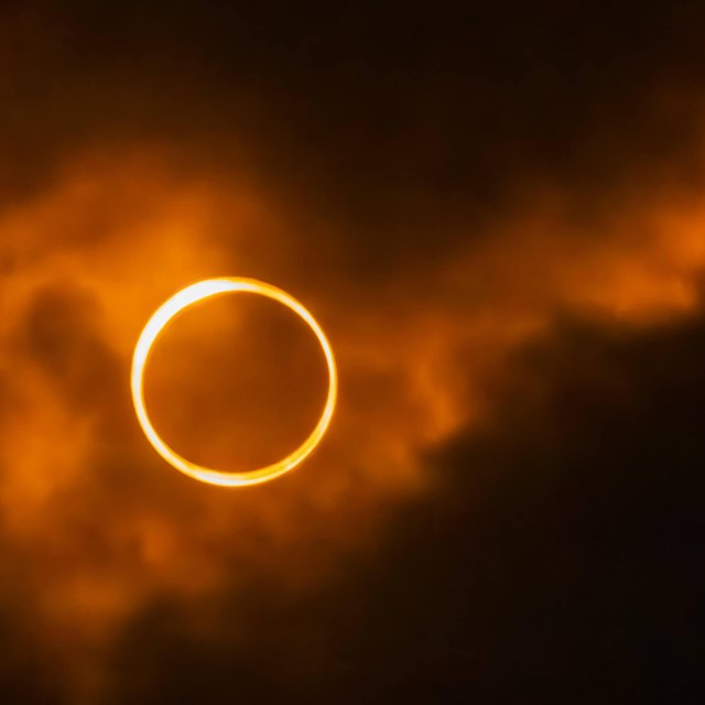 a ring of fire appears as the moon aligns with the sun during an annular eclipse