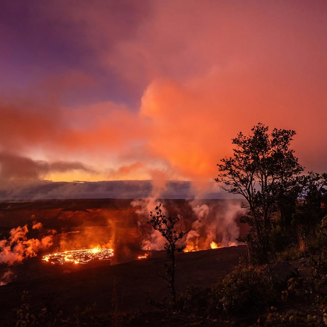 lava glow from an actively erupting caldera