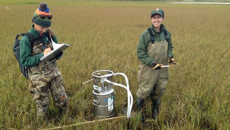 crew collect SET Data on a marsh