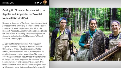 Screenshot of StoryMap cover slide. Text on the left with photo of three interns on the right