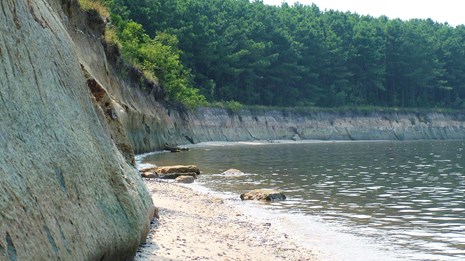 A curved cliff topped with trees line the water