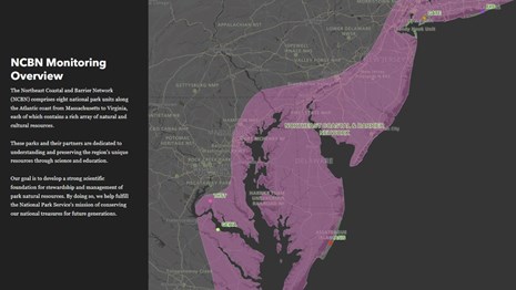 Screenshot of a StoryMap. White intro text on grey background on left with map on right