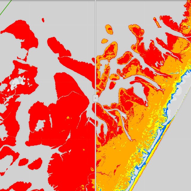 colorful map of a section of Assateague Island National Seashore depicting inundation modeling
