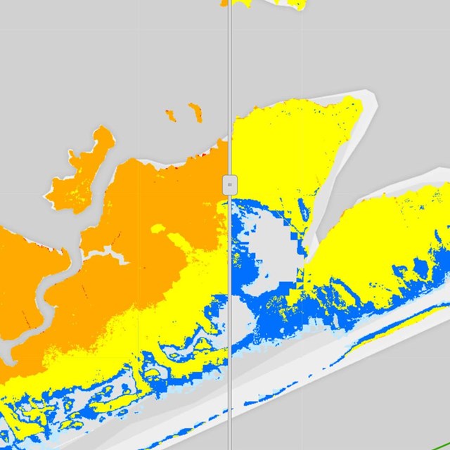 colorful map of a section of Fire Island National Seashore depicting inundation modeling