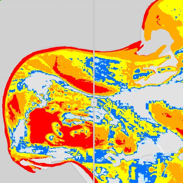 colorful map of a section of Gateway National Recreation Area depicting inundation modeling