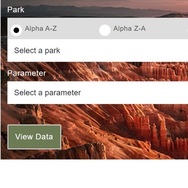 Screenshot of database search. Rectangle box with Grand Canyon background and two white search boxes