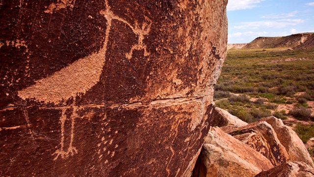 Puerco Pueblo Bird Petroglyph similar in shape to a white-faced ibis eating a frog with landscape .