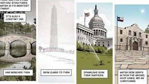 A stone bridge, Washington Monument, U.S. Capital, and the Alamo.