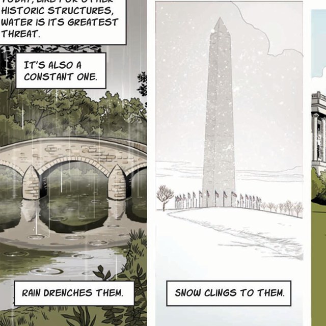 A stone bridge, Washington Monument, U.S. Capital, and the Alamo.