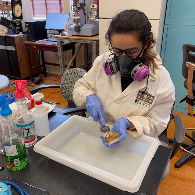 Research Associate cleans surrogate stone sample with a surface washing agent and agitation using a 