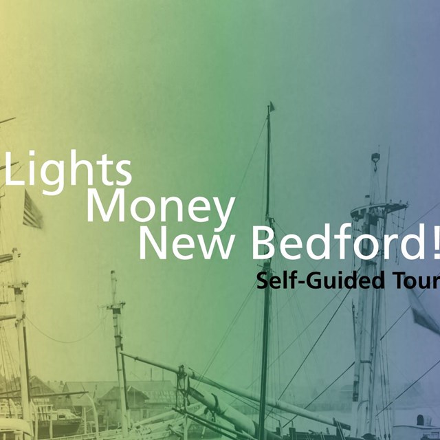 Colorful overlay over historic waterfront with whale oil barrels and whaleships