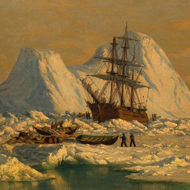 Painting of a whaleship stuck in the ice.