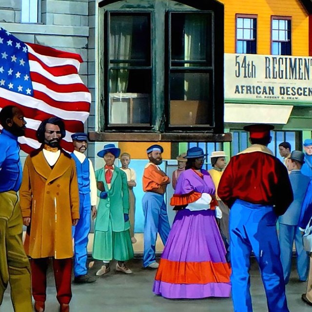 Close up of a colorful mural dedicated to the 54th Regiment in New Bedford