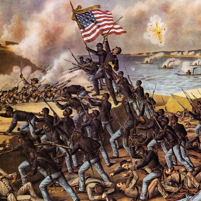 Storming Fort Wagner, an 1890 print showing U.S. soldiers attacking the Confederates at the fort.
