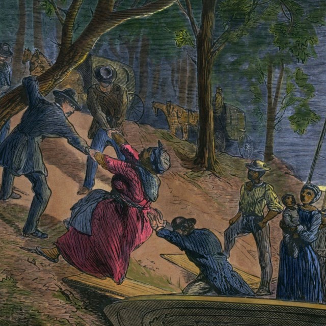 A slave woman is forced off a boat by three white men and up the hill at night.