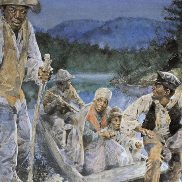 Historic painting showing 5 individuals walking out of water